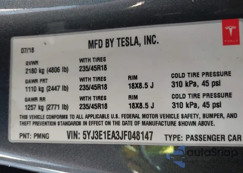 2018 Tesla Model 3 z USA, uszkodzony, nr VIN 5YJ3E1EA3JF048147